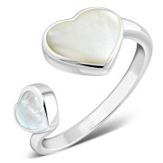 Mother Of Pearl Shell Double Love Heart Sterling Silver Adjustable Open Ring, r603