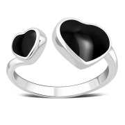 Black Onyx Double Love Heart Sterling Silver Adjustable Open Ring, r603