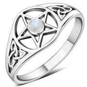 Rainbow Moonstone Pentacle Silver Ring, r619