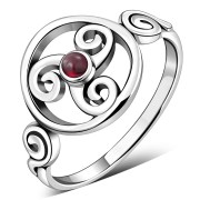 Garnet Triskele Triskelion Triple Archimedean Spiral Celtic Silver Ring, r622
