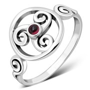 Garnet Triskele Triskelion Triple Archimedean Spiral Celtic Silver Ring, r622