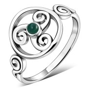 Green Agate Triskele Triskelion Triple Archimedean Spiral Celtic Silver Ring, r622