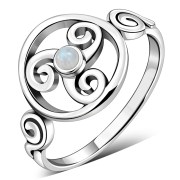 Rainbow Moonstone Triskele Triskelion Triple Archimedean Spiral Celtic Silver Ring, r622
