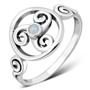 Rainbow Moonstone Triskele Triskelion Triple Archimedean Spiral Celtic Silver Ring, r622