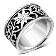 10mm Wide | Ethnic Flower Wide Band Silver Ring, rp107