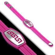 Greek Key Striped Pink Rubber w/ Stainless Steel Cut-out Greek Key Watch-Style Snap Bracelet - TCL306