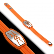Greek Key Striped Light Orange Rubber w/ Stainless Steel Cut-out Tribal Watch-Style Snap Bracelet - TCL325