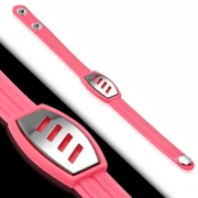 Greek Key Striped Light Pink Rubber w/ Stainless Steel Cut-out Diagonal Watch-Style Snap Bracelet - TCL343