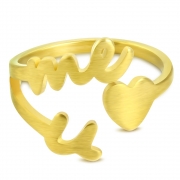 Gold Color Plated Stainless Steel Matte Finished Love U Monogram Heart Fancy Open Ring - WRP191