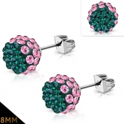 8mm Stainless Steel Argil Disco Ball Shamballa Stud Earrings w/ Emerald & Rose Pink CZ (pair) - XRY212