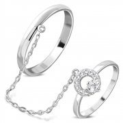 Brass w/ Silver Plating Micro Pave Circle Two Finger Chain Linking Dangle Double Rings w/ Clear CZ - YDR001