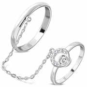 Brass w/ Silver Plating Micro Pave Rose Flower Circle Two Finger Chain Linking Dangle Double Rings w/ Clear CZ - YDR002