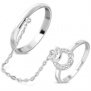 Brass w/ Silver Plating Micro Pave Cat Circle Two Finger Chain Linking Dangle Double Rings w/ Clear CZ - YDR003