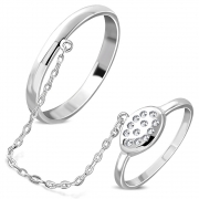 Brass w/ Silver Plating Micro Pave Oval Two Finger Chain Linking Dangle Double Rings w/ Clear CZ - YDR004