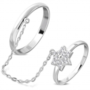 Brass w/ Silver Plating Micro Pave Star Two Finger Chain Linking Dangle Double Rings w/ Clear CZ - YDR006