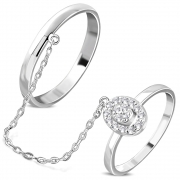 Brass w/ Silver Plating Micro Pave Flower Oval Two Finger Chain Linking Dangle Double Rings w/ Clear CZ - YDR009