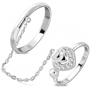 Brass w/ Silver Plating Micro Pave Love Heart Two Finger Chain Linking Dangle Double Rings w/ Clear CZ - YDR011