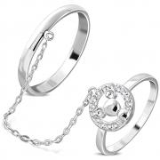 Brass w/ Silver Plating Micro Pave Little Mouse Circle Two Finger Chain Linking Dangle Double Rings w/ Clear CZ - YDR012