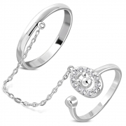 Brass w/ Silver Plating Micro Pave Little Mouse Oval Two Finger Chain Linking Dangle Double Rings w/ Clear CZ - YDR013