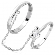 Brass w/ Silver Plating Micro Pave Little Mouse Two Finger Chain Linking Dangle Double Rings w/ Clear CZ - YDR015