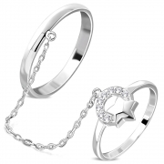 Brass w/ Silver Plating Micro Pave Star Circle Two Finger Chain Linking Dangle Double Rings w/ Clear CZ - YDR017