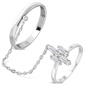 Brass w/ Silver Plating Micro Pave Cross Two Finger Chain Linking Dangle Double Rings w/ Clear CZ - YDR018