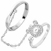 Brass w/ Silver Plating Micro Pave Little Mouse Two Finger Chain Linking Dangle Double Rings w/ Clear CZ - YDR019