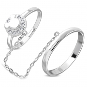 Brass w/ Silver Plating Micro Pave Little Mouse Circle Two Finger Chain Linking Dangle Double Rings w/ Clear CZ - YDR023