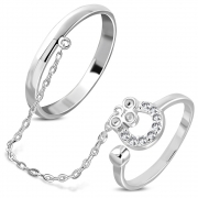 Brass w/ Silver Plating Micro Pave Little Mouse Two Finger Chain Linking Dangle Double Rings w/ Clear CZ - YDR029