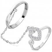 Brass w/ Silver Plating Micro Pave Flower Heart Two Finger Chain Linking Dangle Double Rings w/ Clear CZ - YDR031