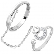 Brass w/ Silver Plating Micro Pave Circle Two Finger Chain Linking Dangle Double Rings w/ Clear CZ - YDR032