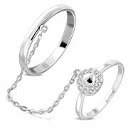 Brass w/ Silver Plating Micro Pave Circle Two Finger Chain Linking Dangle Double Rings w/ Clear CZ - YDR033