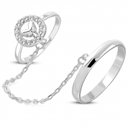 Brass w/ Silver Plating Micro Pave Butterfly Circle Two Finger Chain Linking Dangle Double Rings w/ Clear CZ - YDR034