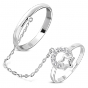 Brass w/ Silver Plating Micro Pave Star Circle Two Finger Chain Linking Dangle Double Rings w/ Clear CZ - YDR035