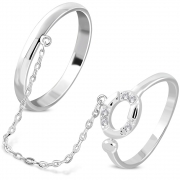 Brass w/ Silver Plating Micro Pave Oval Two Finger Chain Linking Dangle Double Rings w/ Clear CZ - YDR036