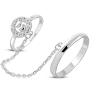 Brass w/ Silver Plating Micro Pave Love Heart Circle Two Finger Chain Linking Dangle Double Rings w/ Clear CZ - YDR037