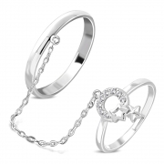 Brass w/ Silver Plating Micro Pave Star Circle Two Finger Chain Linking Dangle Double Rings w/ Clear CZ - YDR040