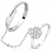 Brass w/ Silver Plating Micro Pave Flower Two Finger Chain Linking Dangle Double Rings w/ Clear CZ - YDR041