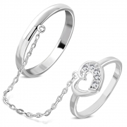 Brass w/ Silver Plating Micro Pave Love Heart Two Finger Chain Linking Dangle Double Rings w/ Clear CZ - YDR045