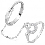 Brass w/ Silver Plating Micro Pave Heart Circle Two Finger Chain Linking Dangle Double Rings w/ Clear CZ - YDR048