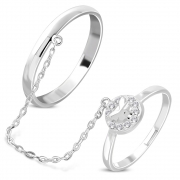 Brass w/ Silver Plating Micro Pave Butterfly Circle Two Finger Chain Linking Dangle Double Rings w/ Clear CZ - YDR049