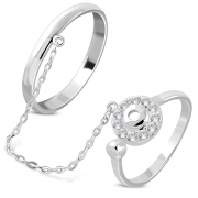 Brass w/ Silver Plating Micro Pave Circle Two Finger Chain Linking Dangle Double Rings w/ Clear CZ - YDR050