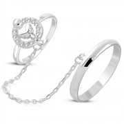 Brass w/ Silver Plating Micro Pave Butterfly Circle Two Finger Chain Linking Dangle Double Rings w/ Clear CZ - YDR051