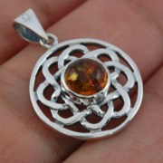Baltic Amber Round Celtic Knot Silver Pendant, p467