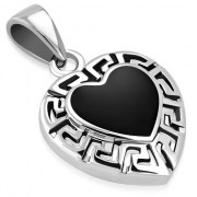 Black Onyx Heart Greek Key Silver Pendant, p511