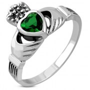 Celtic Claddagh Ring w Green CZ, r446
