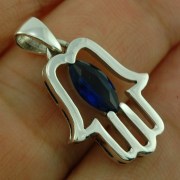 Chamsa Silver Pendant w Blue Sapphire CZ, p370