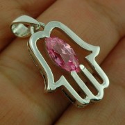 Chamsa Silver Pendant w Pink CZ, p370