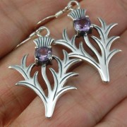 Large Thistle Silver Earrings w faceted Amethyst