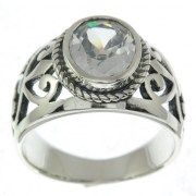 Engraved Style Ethnic Silver Ring set w Clear CZ, r2